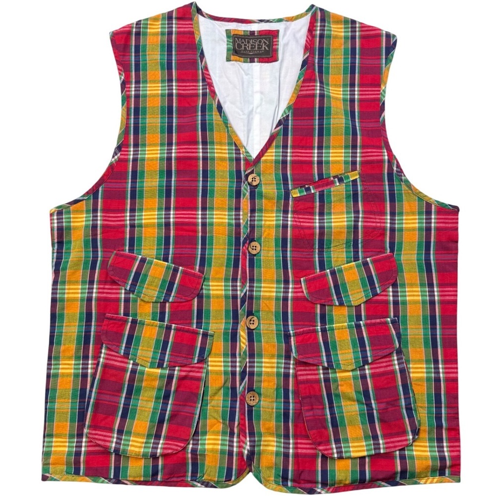 Madison Creek Plaid Utility Vest Mens Large Cotton Button Front Pockets